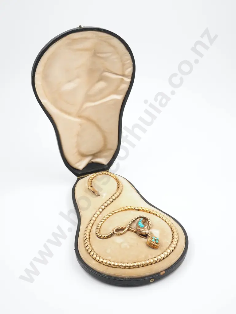 Antique Cased 9ct Gold & Turquoise Snake w Heart Locket Necklace Image 1++