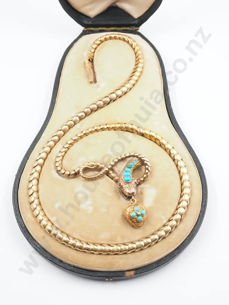 Antique Cased 9ct Gold & Turquoise Snake w Heart Locket Necklace Image 1++