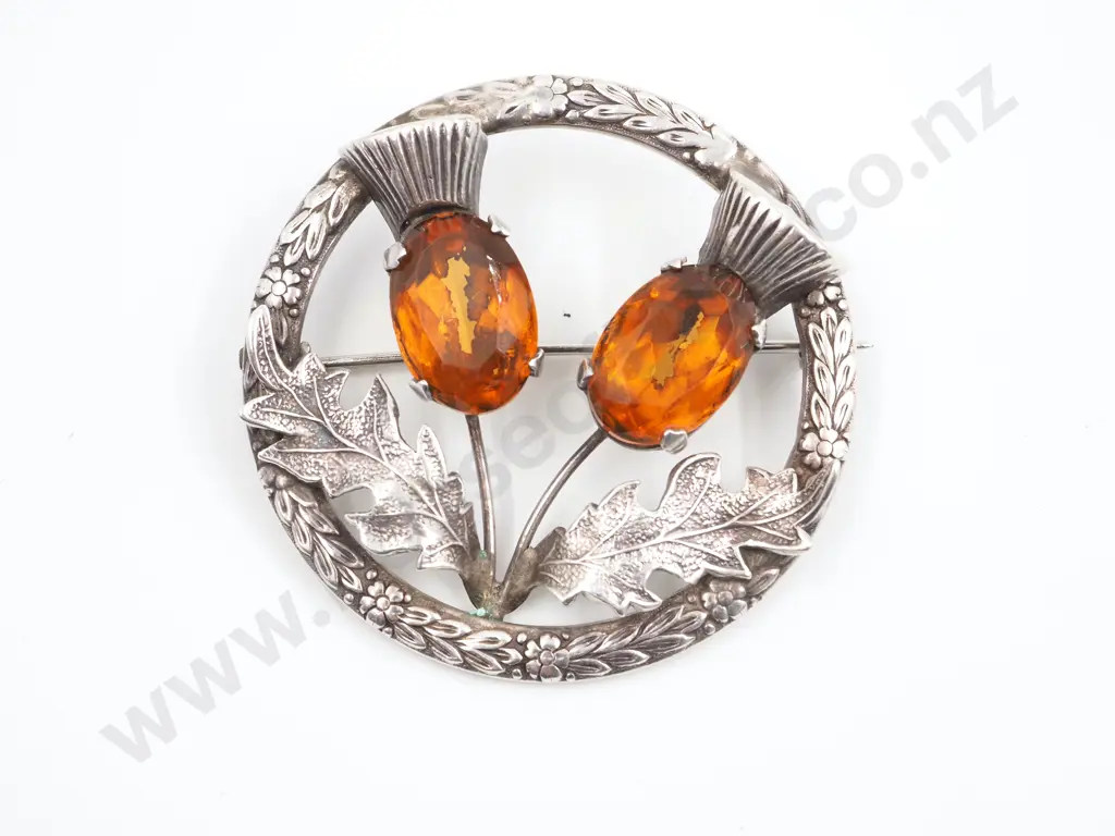 Sterling Silver & Orange/Yellow Stone Scottish Double Thistle Brooch Image 1++