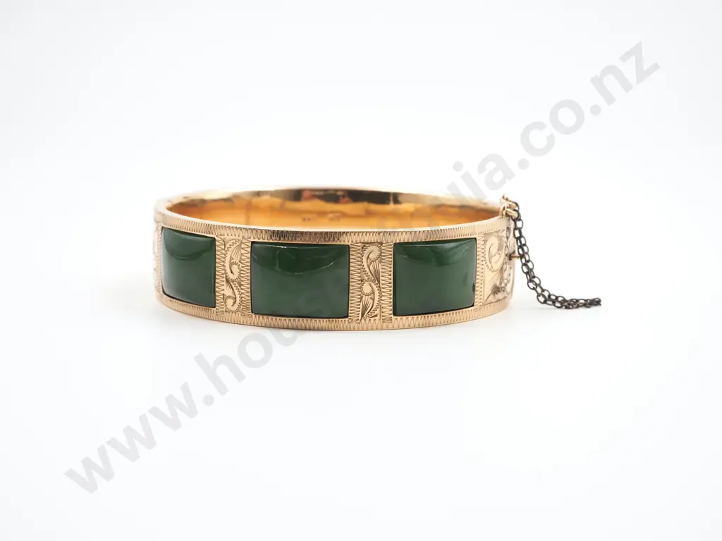 9ct Gold Vintage Greenstone Hinged Bangle Image 1++
