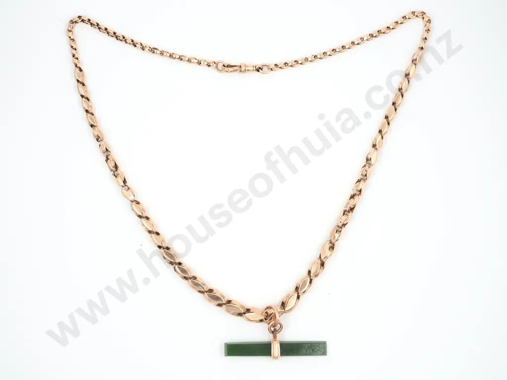 9ct Gold Fob Chain w Greenstone T Bar Image 1++