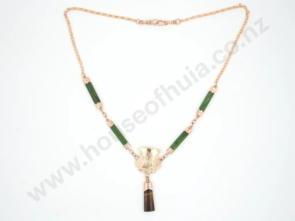 9ct Gold NZ Tigers Eye & Greenstone Chain Image 1++