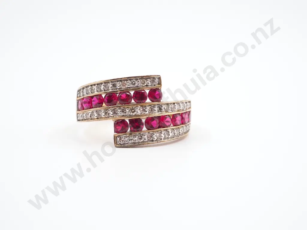 9ct Gold Diamond & Synthetic Ruby Ring Image 1++