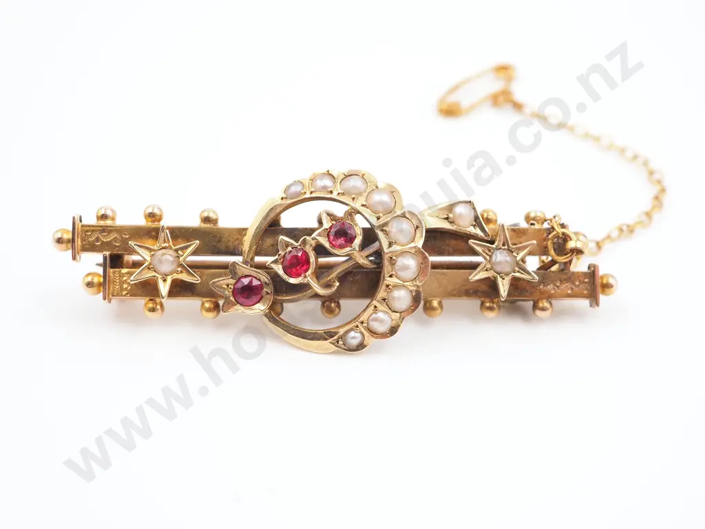Fine 15ct Gold Victorian Pearl & Garnet Brooch Image 1++