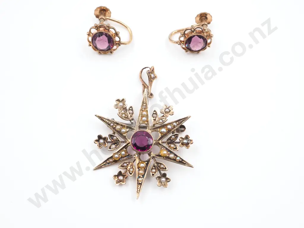 9ct Gold Edwardian Seed Pearl & Amethyst Pendant Brooch & Earrings Image 1++