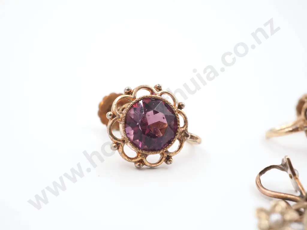 9ct Gold Edwardian Seed Pearl & Amethyst Pendant Brooch & Earrings Image 1++