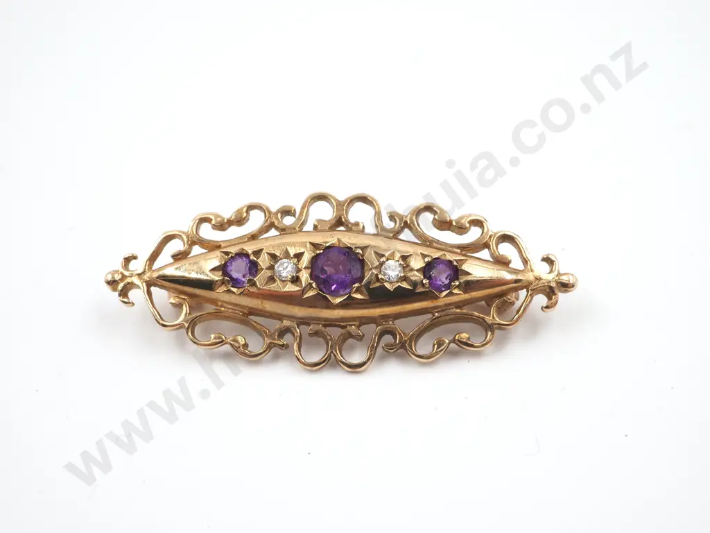 9ct Gold Amethyst & Diamond Brooch Image 1++