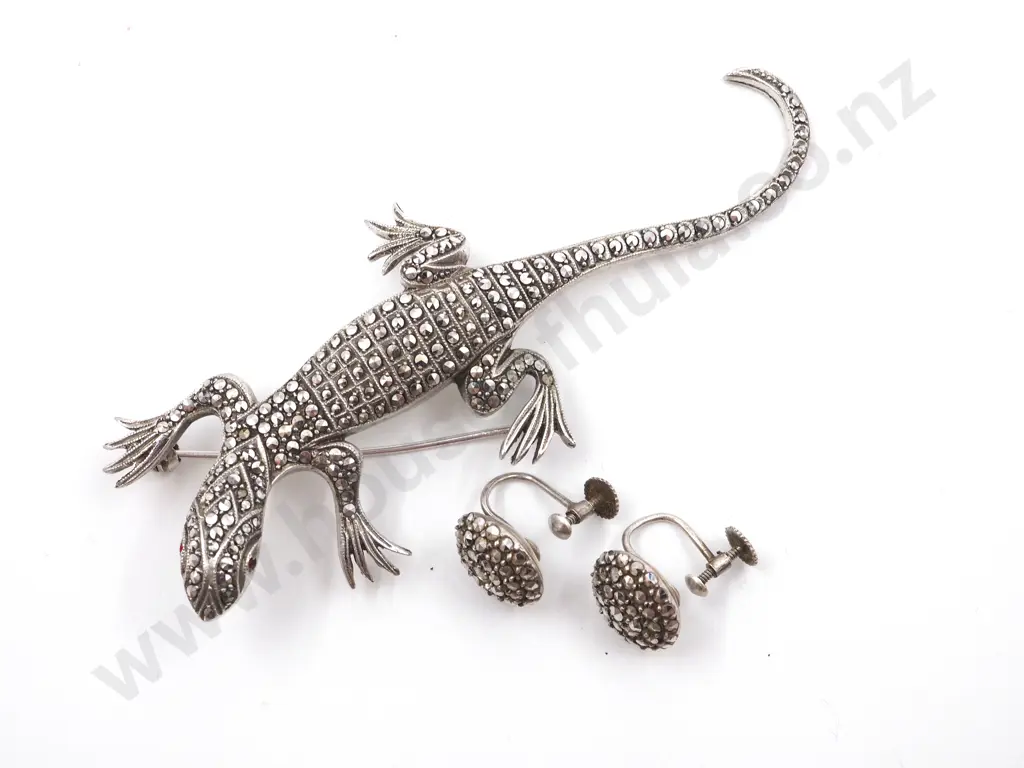 Sterling Silver Marcasite Lizard Brooch and Earrings Image 1++