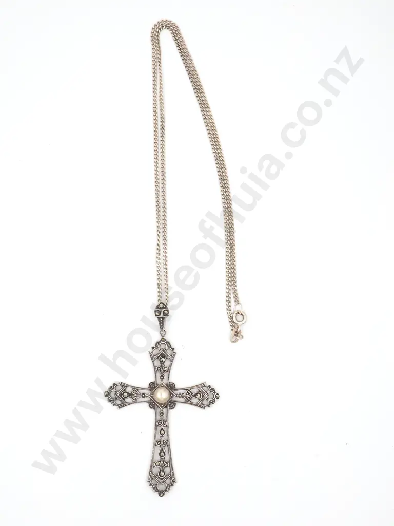 Sterling Silver Cross w Marcasite & Pearl on Sterling Silver Chain Image 1++