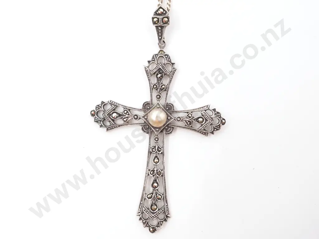Sterling Silver Cross w Marcasite & Pearl on Sterling Silver Chain Image 1++