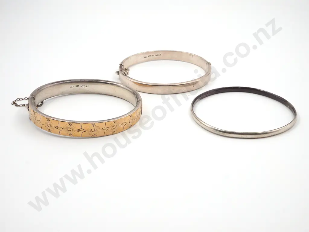 Three Sterling Silver Bangles - One 9ct Lined - Two Hinged. Image 1++