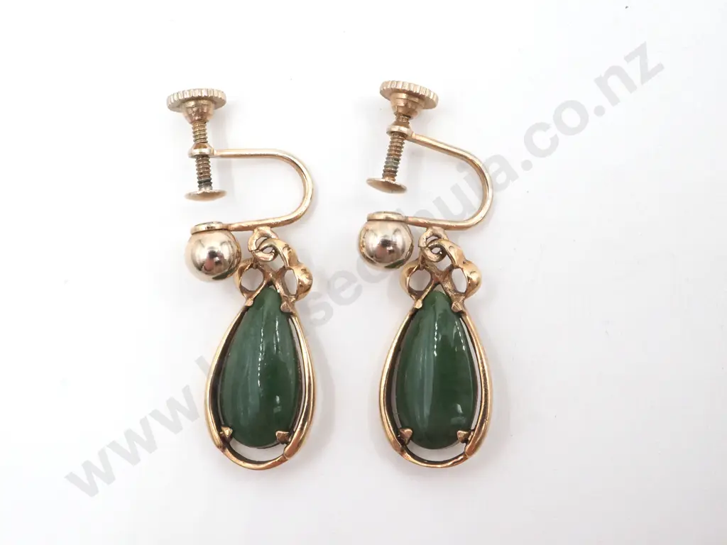 Vintage 9ct Gold Greenstone Drop Earrings Image 1++