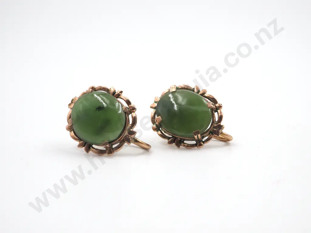 Vintage 9ct Gold Greenstone Earrings Image 1++