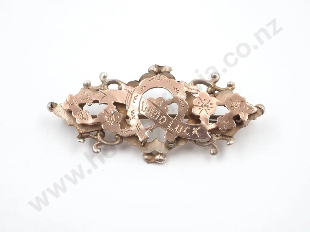 Ornate Victorian Sterling Silver & 9ct Gold ‘Good Luck’ Brooch Image 1++