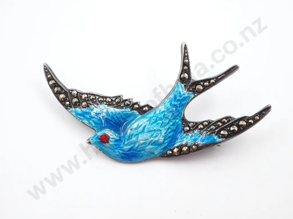 Sterling Silver Enamel & Marcasite Bird Brooch Image 1++
