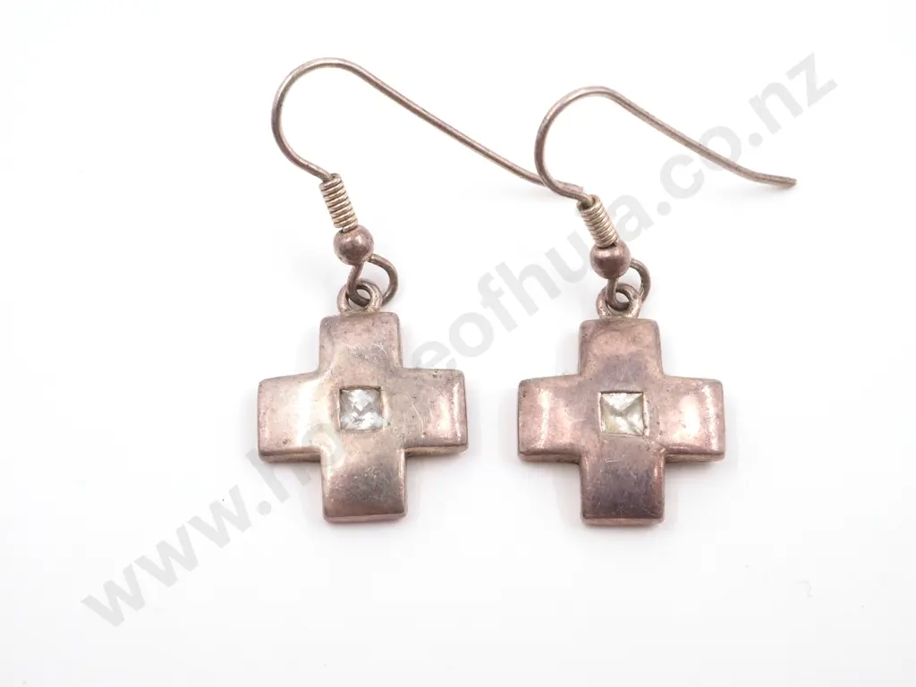 Sterling Silver CZ Cross Earrings on Shepards Hooks Image 1++