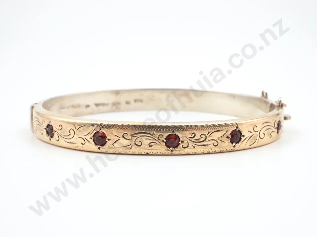 9ct Gold Lined Sterling Silver Hinged Bangle w Gems & Engraving Image 1++