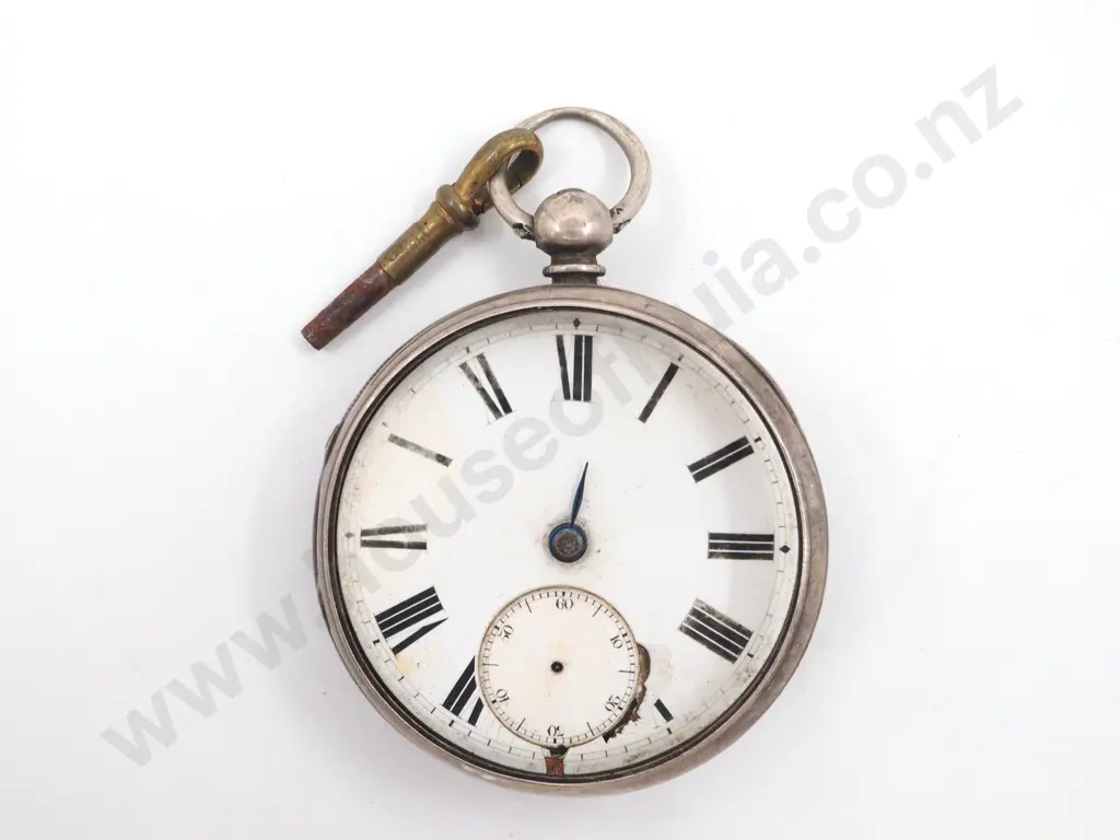 Large Sterling Silver Pocket Watch w Winding Key A/F Image 1++