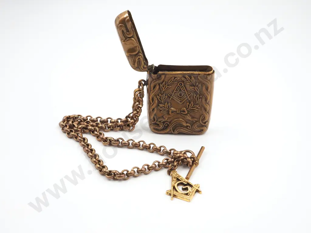 Substantial Belcher Fob Chain w Large Masonic Vesta Case Image 1++