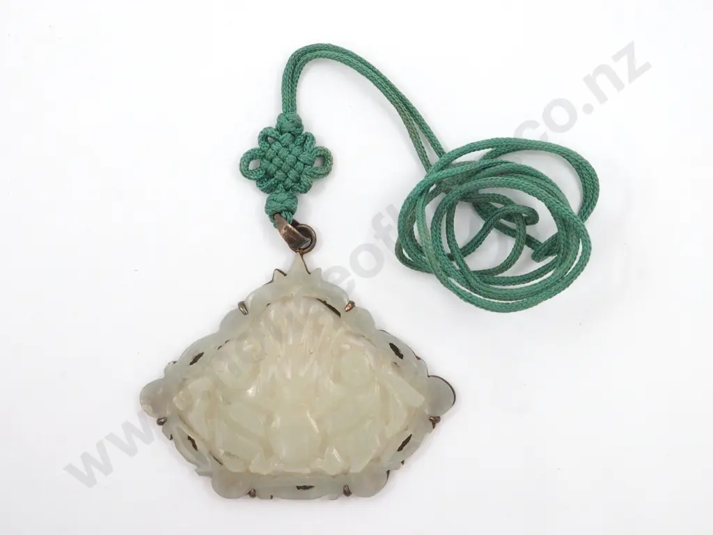 Carved Jade Pendant Mounted in Sterling Silver on Green Cord Image 1++