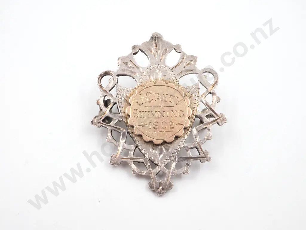 Antique 1902 Swimming Medal Brooch in Sterling Silver w 9ct Gold Front Image 1++