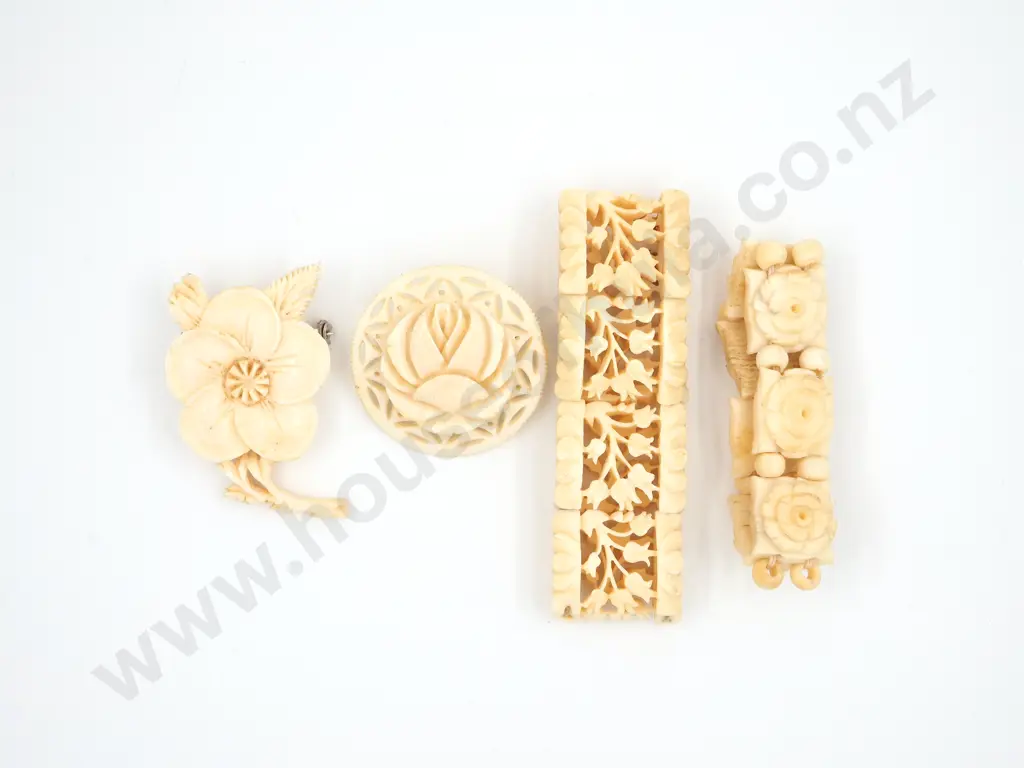 Two Decorative Bracelets & Two Brooches Carved in Bone Image 1++