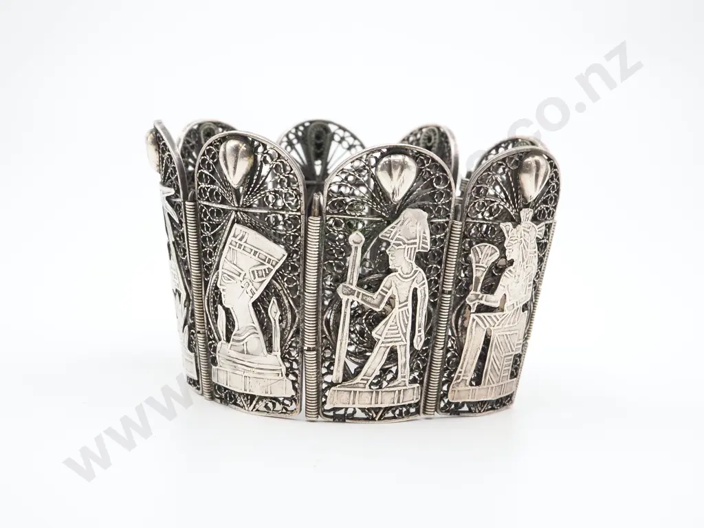 Vintage Sterling Silver Filigree Egyptian Bracelet, 70.06 grams Image 1++