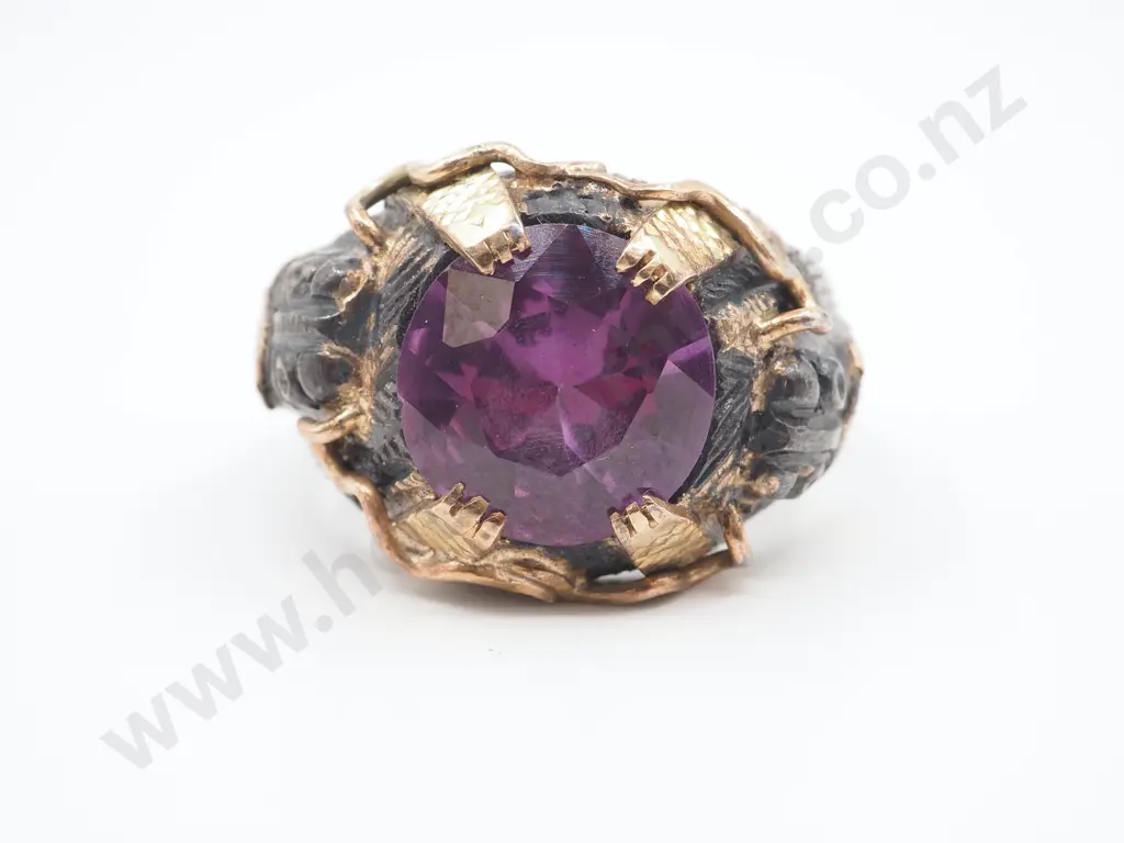 Substantial Aztec Style Ring in 10ct Gold & Oxidised Silver w Purple Amethyst Image 1++