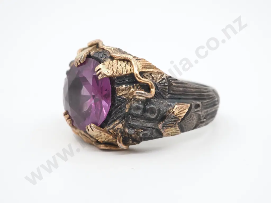 Substantial Aztec Style Ring in 10ct Gold & Oxidised Silver w Purple Amethyst Image 1++