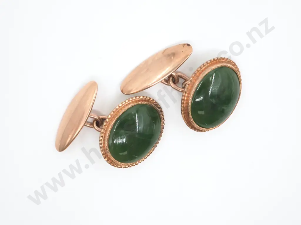 Vintage 9ct Gold & Greenstone Cufflinks Image 1++