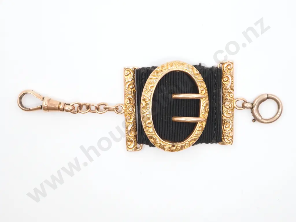 Highly Decorative Victorian Gold Fob on Ribbon w Engraved Buckle Decoration Image 1++