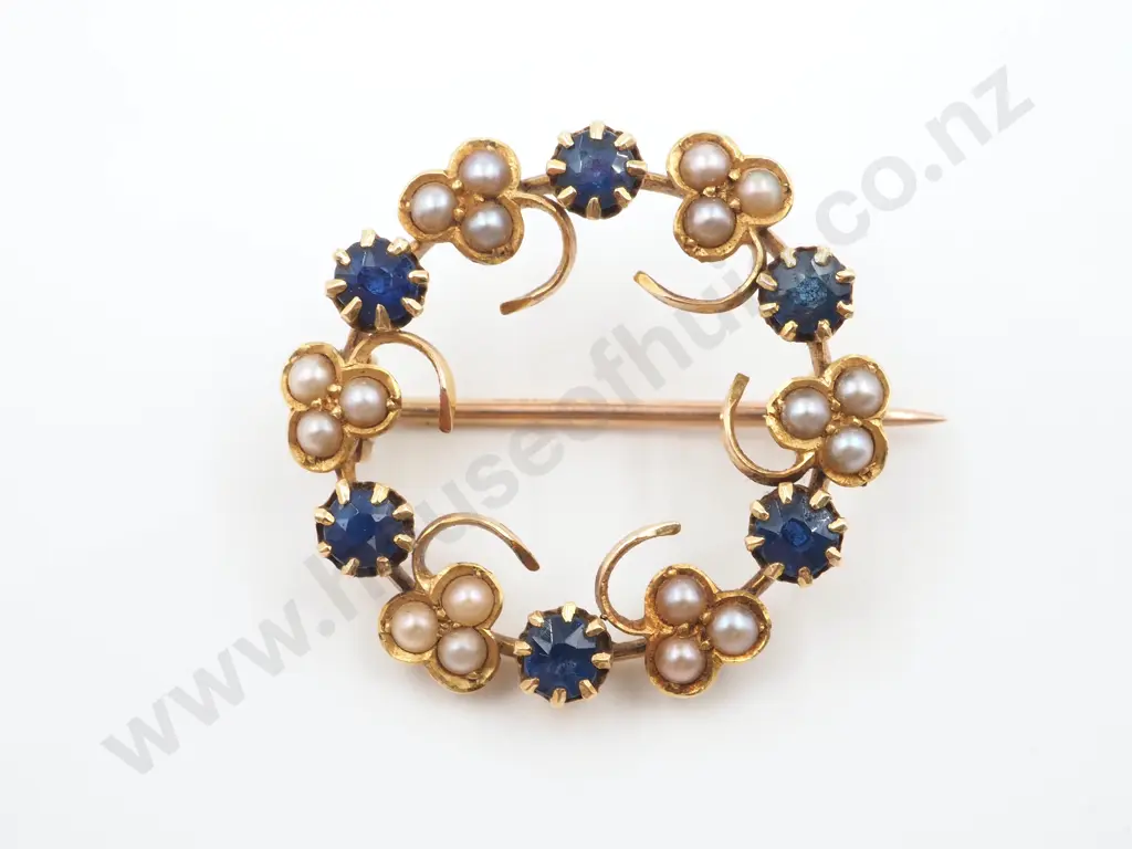 Victorian 15ct Gold Sapphire & Pearl Circular Brooch Image 1++
