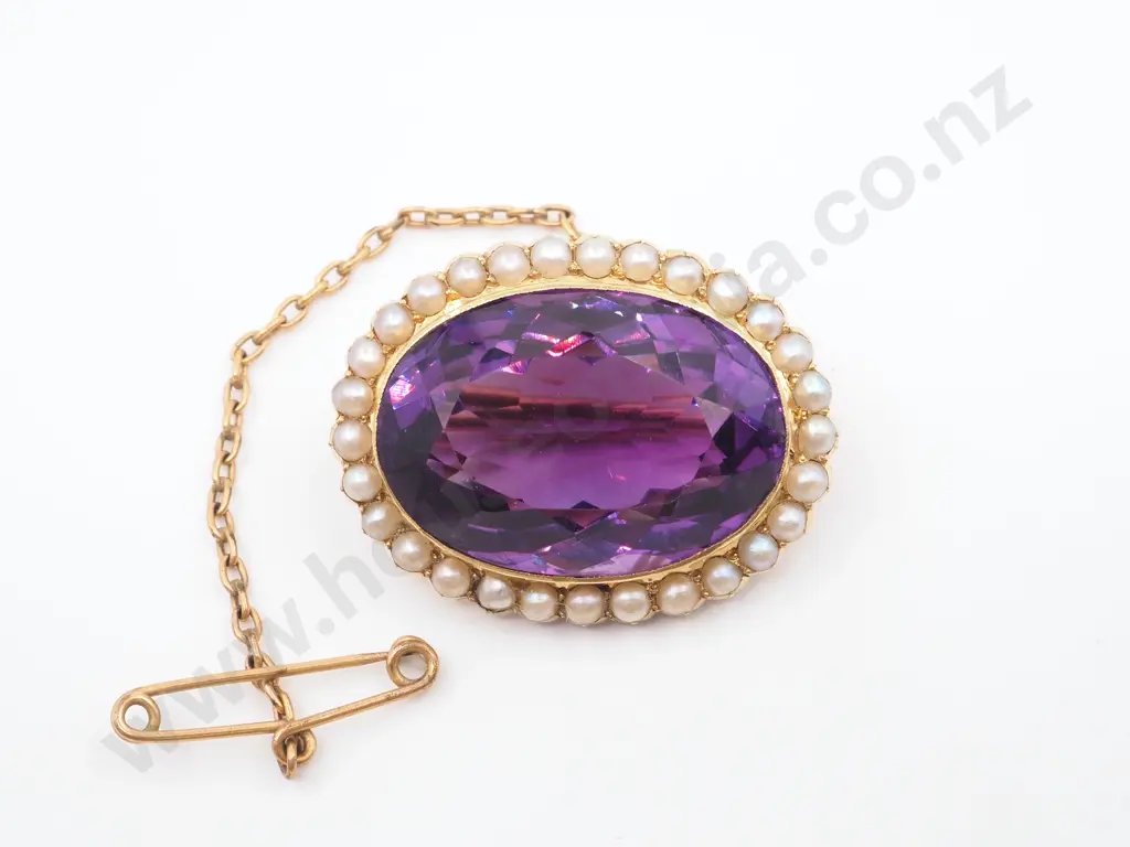Antique 15ct Gold, Amethyst & Seed Pearl Brooch Image 1++