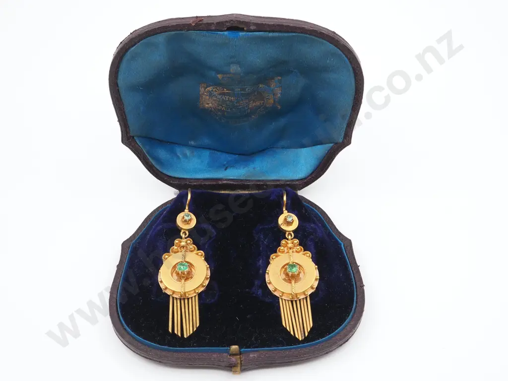 Exceptional Cased Victorian 15ct Gold & Emerald Earrings Circa 1870 Image 1++