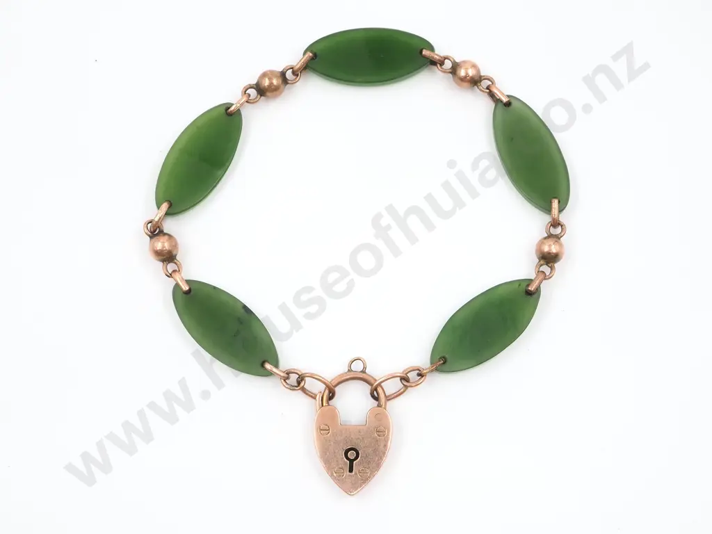 Colonial 9ct Gold & Greenstone Bracelet w Padlock Image 1++