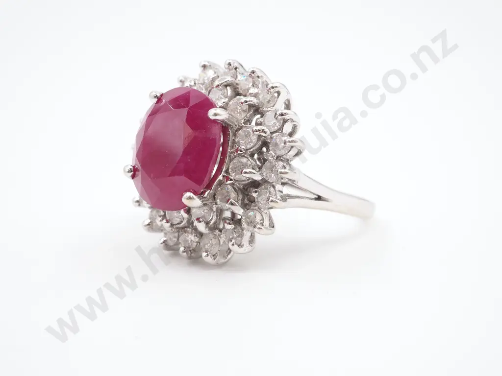 14ct White Gold Diamond Ruby Ring: Valued at $4,800.00 Image 1++