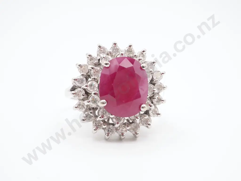 14ct White Gold Diamond Ruby Ring: Valued at $4,800.00 Image 1++