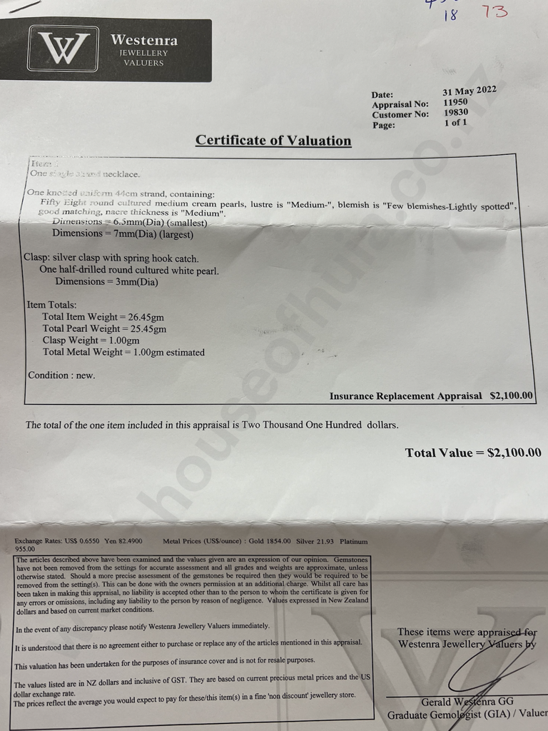 New Strand of Cultured Pearls: $2,100.00 Valuation Image 1++