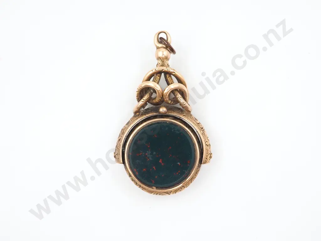 Antique Highly Engraved 9ct Gold Bloodstone & Carnelian Fob Spinner Image 1++