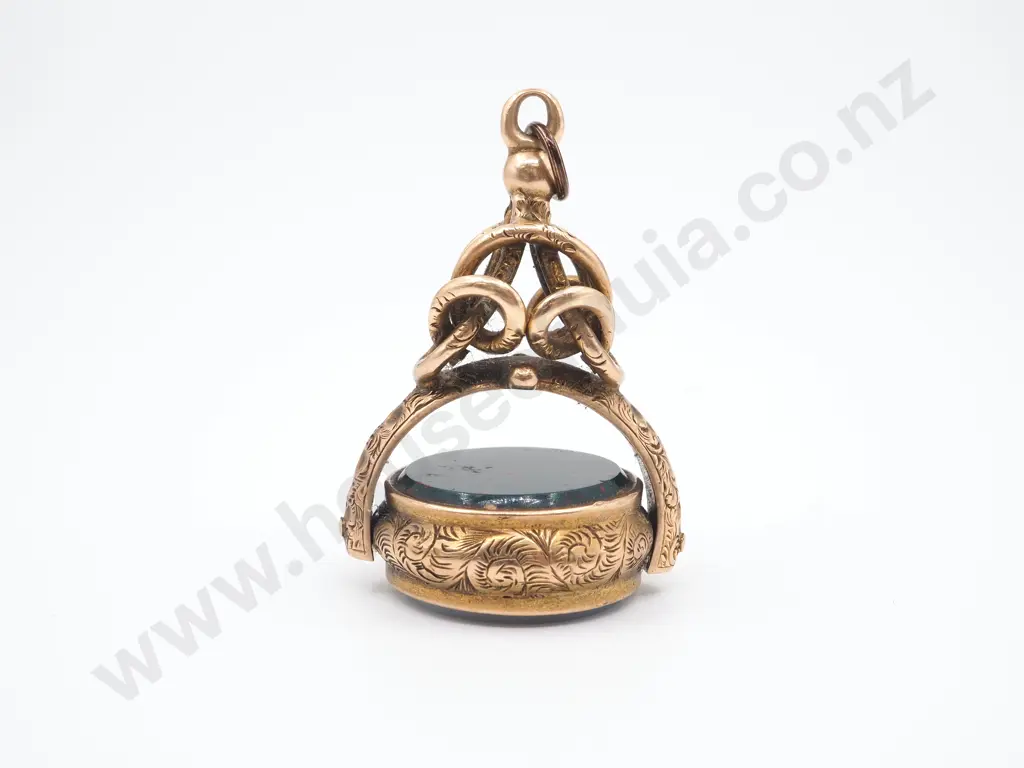 Antique Highly Engraved 9ct Gold Bloodstone & Carnelian Fob Spinner Image 1++