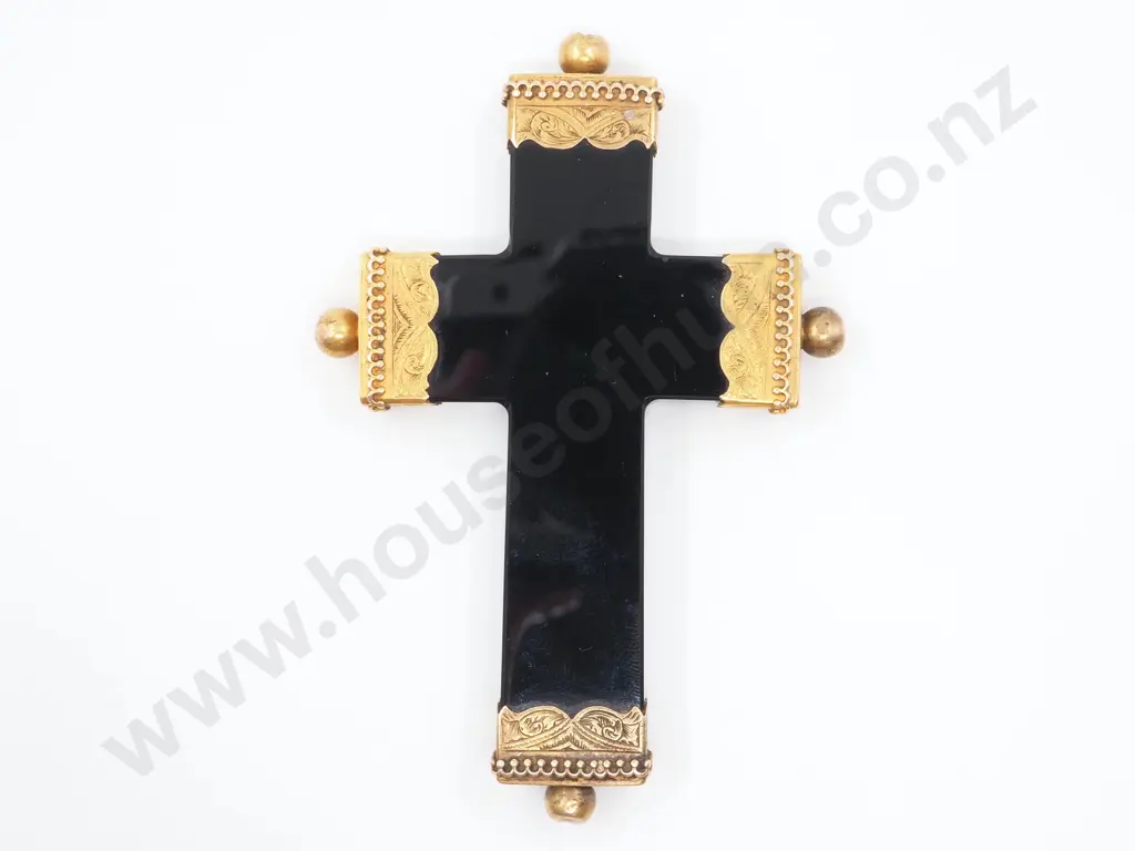 Substantial Black Jet Cross w 9ct Gold Filigree Mounts A/F Image 1++