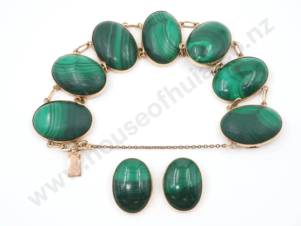Historically Important 9ct Gold & Malachite Bracelet & Matching Earrings by Louis Kerr Nelson Jewllery Image 1++