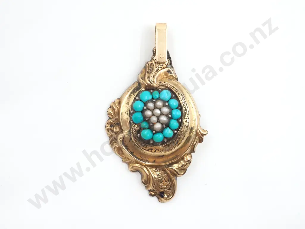 Victorian 9ct Gold Seed Pearl/Turquoise Pendant Image 1++