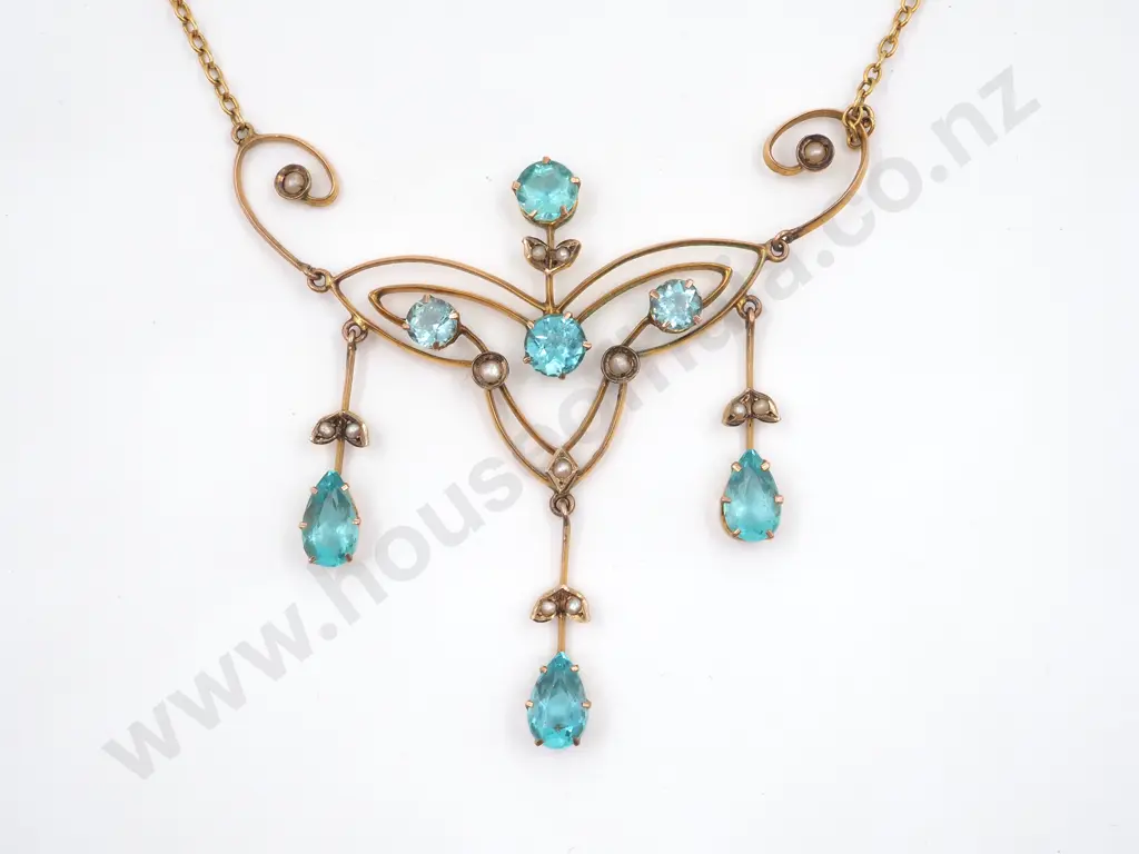 Antique 9ct Gold & Blue Gem Fancy Necklace Image 1++