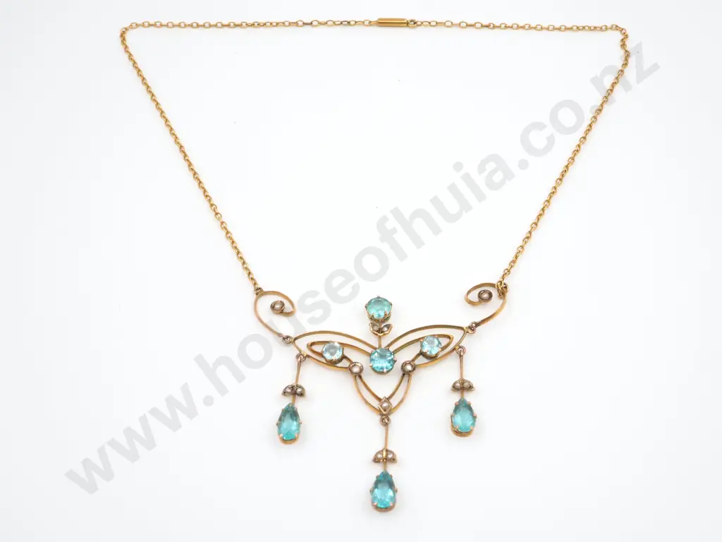Antique 9ct Gold & Blue Gem Fancy Necklace Image 1++