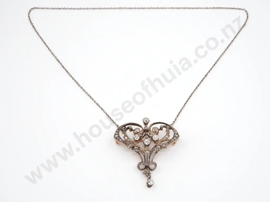Victorian Silver on 18ct Gold Diamond Brooch on Silver Chain Image 1++