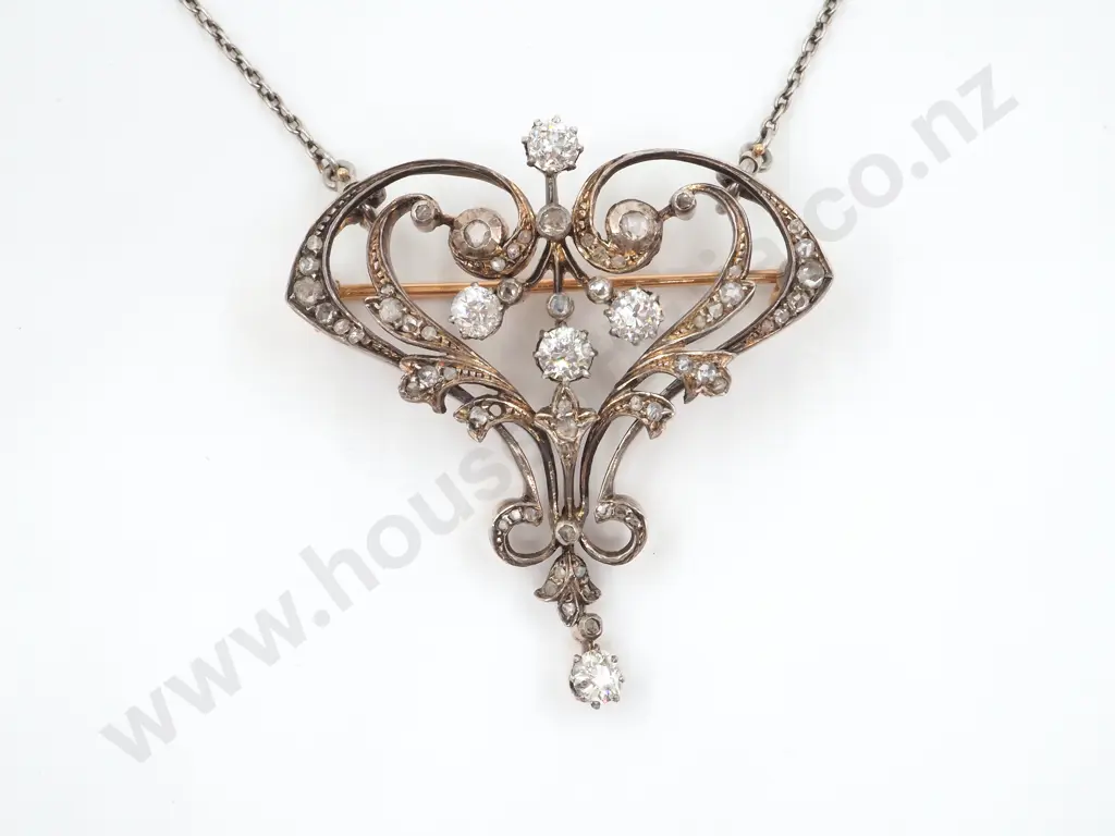 Victorian Silver on 18ct Gold Diamond Brooch on Silver Chain Image 1++