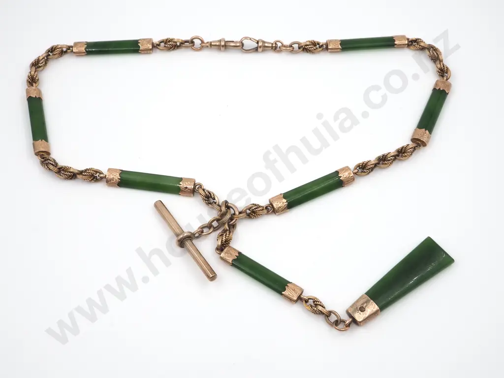 Colonial New Zealand 9ct Gold & Greenstone Double Albert Chain w Carved Pendant Image 1++
