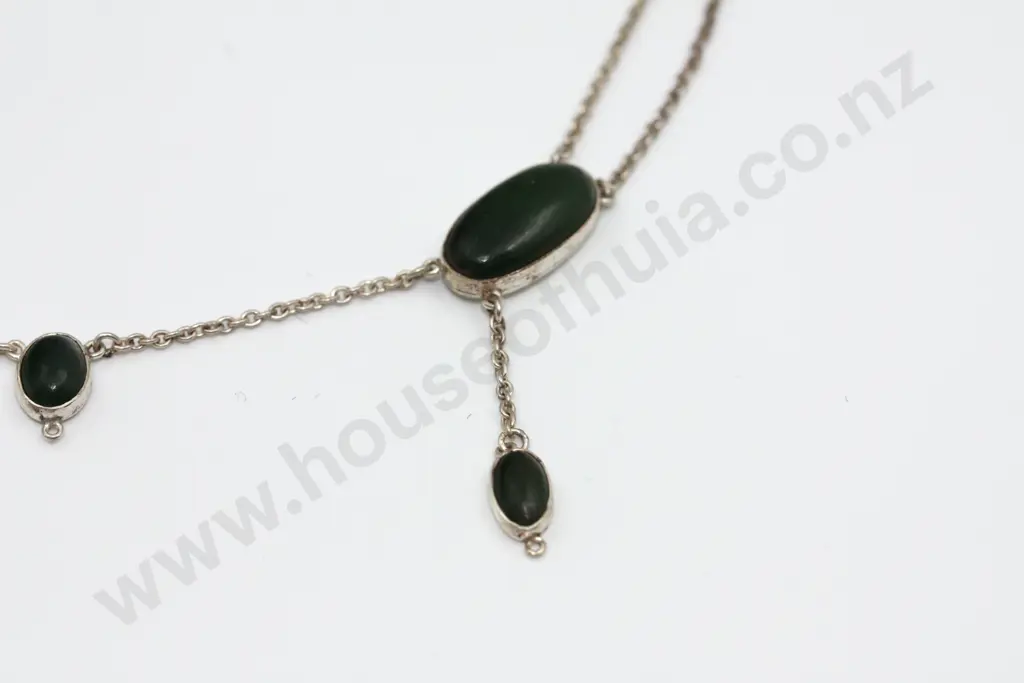 Art Nouveau Sterling Silver Nephrite Inlaid Necklace Image 1++
