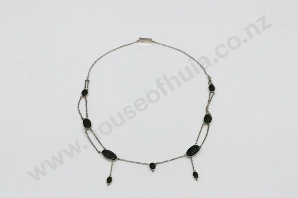 Art Nouveau Sterling Silver Nephrite Inlaid Necklace Image 1++